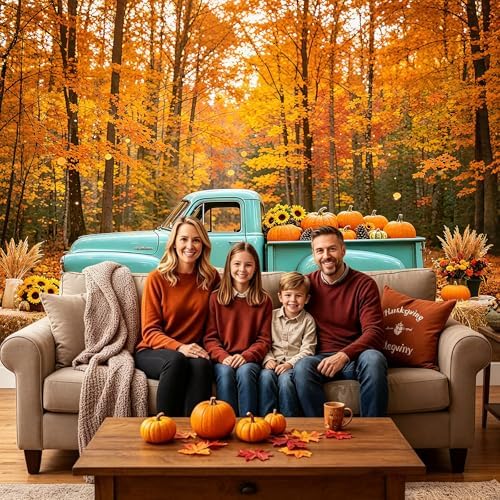 Fall Forest Backdrop Fall Vintage Blue Truck with Pumpkin Backdrop 10x6.5FT - Image 6