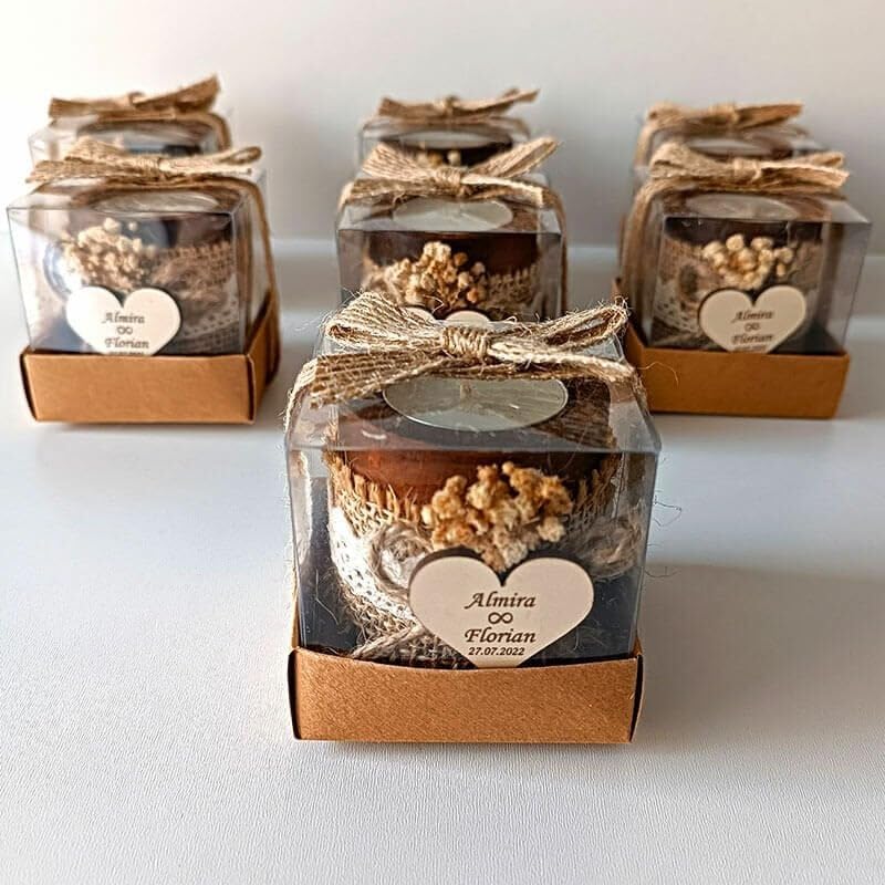100 PCS Rustic Candle Wedding Favors, Burlap Bow, Baby’s Breath Flowers, Personalized Heart Tag, Clear Box Packaging, Bridal Shower Guest Gifts - Image 6