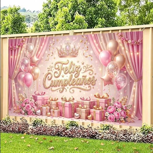 Feliz Cumpleaños Backdrop Pink Gold Balloon Crown Rose Gift Curtain Photo Background Banner for Women Girls Happy Birthday Party Photoshoot 15X10ft - Image 6