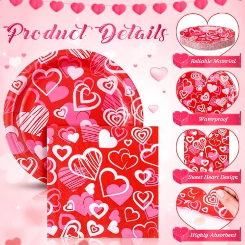 Ziliny 171 Pcs Valentine's Day Party Decorations Serve 24 Red Pink Hearts Paper Plates Napkins Cups Banner Tablecloth Cutlery Valentine Day Anniversary Wedding Baby Shower Party Supplies - Image 5