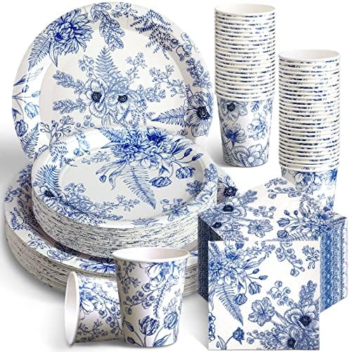 Dandat 250 Pcs Blue Floral Paper Plates and Napkins Blue Bridal Shower Tea Party Decorations Blues White Floral Tableware Set for 50 Guests Disposable Plates Napkins Cups Wedding Baby Bridal Shower by Dandat