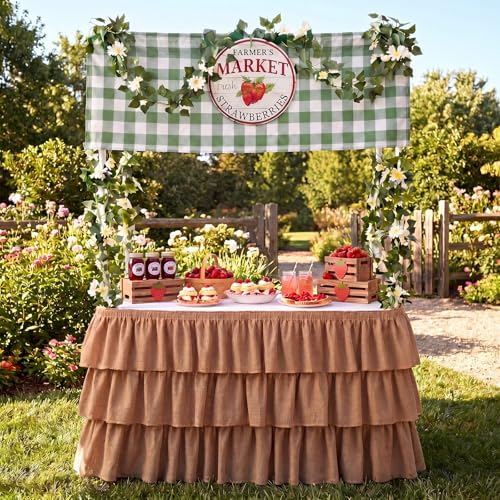 5 Pcs Farmer Market Strawberry Stand Decorations Fresh off the Market Bridal Shower Baby Shower Birthday Party Setup Decor Table Skirt Daisy Vine Banner Gingham Valance Metal Sign Photo Prop 73 x 30'' by Unknown