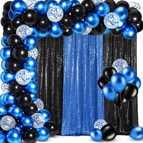 SmoothNovelty 137 Pcs 2026 Graduation Decoration Blue Black Party Backdrop Kits - 4 Sequin Backdrop Curtain 133 Balloon Garland Kit Photo Prop Background for Prom Send Off Wedding Anniversary by SmoothNovelty