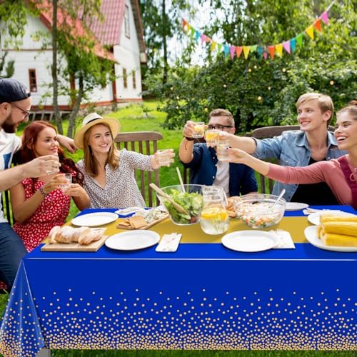 12Pcs Blue Gold Tablecloth Party Decorations,Plastic Royal Blue Table Cloth Printed Gold Tables Runner Disposable Rectangle Table Cover for Birthday Anniversary Wedding Graduation Party,54 x108 Inch - Image 6