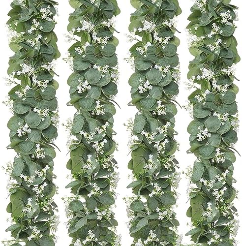 Eucalyptus Garland with White Flowers 4 Packs 5.9Ft Artificial Plants Vines by KHOYIME
