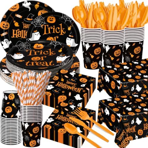Funnymoom 218 Pcs Halloween Party Decorations Black Orange Plate Serves 24 by Funnymoom