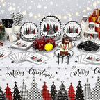 Funnymoom 452 Pcs Christmas Tree Party Supplies for 50, Black Buffalo Plaid Gingham Christmas Paper Plates Napkins Cups Tablecloth Cutlery Straws Tableware Set for Xmas Holiday Party Decorations - Image 5