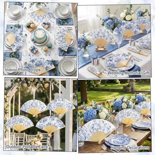 Briwooody 30 Set Blue Floral Hand Folding Fans with Organza Bags Bulk Chinoiserie Wedding Favors for Guests Blue and White Paper Fan for Bridal Shower Supplies Bridesmaid Gifts Party Decorations - Image 5