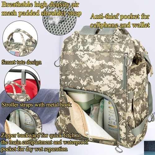 Diaper Bag Backpack for Dad and Mom with USB Charging Port Stroller Straps and Insulated Pocket,army military Travel Nappy Backpack for Daddy/Mommy (Camo) - Image 5