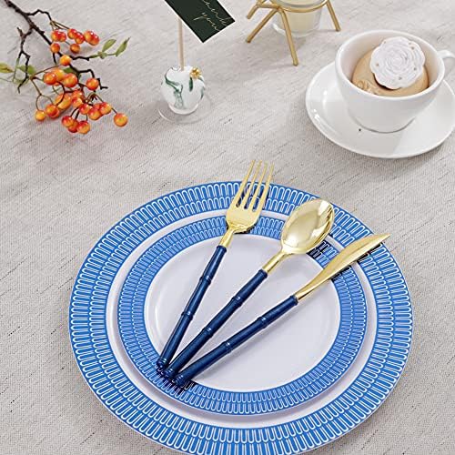 Supernal 180Pcs Blue and Gold Plastic Silverware Set for Wedding Parties - Image 5