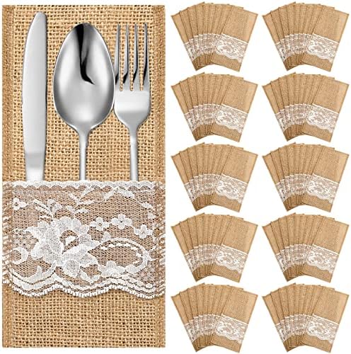 Windyun 100 Pcs Burlap Utensil Pouches Silverware Holders with Lace by Windyun