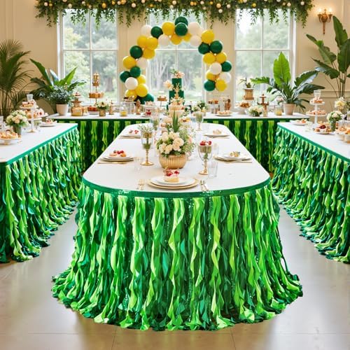 Wish Care 21ft Green Sequin Table Skirt for Rectangle Tables Curly Willow Hawaiian Grass Tutu Skirt Ruffle Table Cloth Desk Skirts for Birthday Baby Shower Jungle Luau Tropical Theme Party Table Decor - Image 6