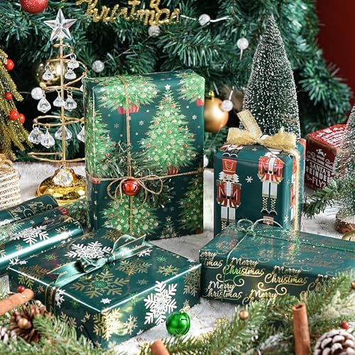 WRAPAHOLIC 30 Inch Nutcracker Christmas Wrapping Paper Roll - Jumbo Roll Green Christmas Tree, Snowflakes and Nutcracker with Metallic Foil Shine Design - 4 Rolls - 30 Inch x 120 Inch Per Roll - Image 3