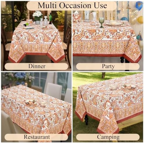 Ridhi Kashmiri Saffron Paisley Hand Block Print Cotton Rectangle Tablecloth 60x60 inch Reusable Table Cover Decorative Everyday Use for Dining Room, Farmhouse, Home Gift for Spring, Summer - Image 5