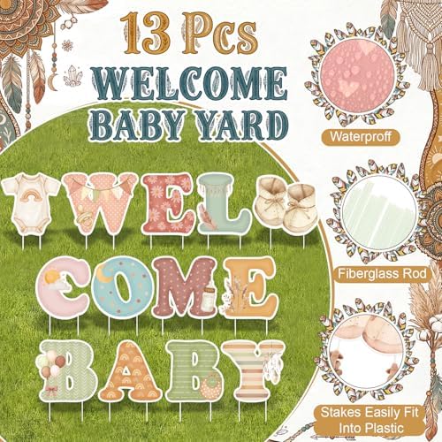 Ripeng 13 Pcs Boho Baby Shower Decorations Welcome Baby Yard Signs with Stakes 15 Inch Tall Lawn Signs for Gender Reveal Theme Birthday Party Indoor Outdoor Supplies - Image 3