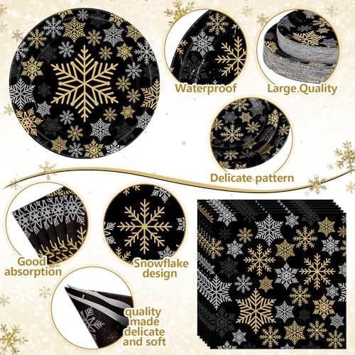 Funnymoom 452 Pcs Christmas Snowflake Party Supplies Black Gold and Sliver Snowflake Paper Plates and Napkins Cups Tablecloth Cutlery Straws for 50 Guests Winter Xmas Birthday Party Decoration - Image 3