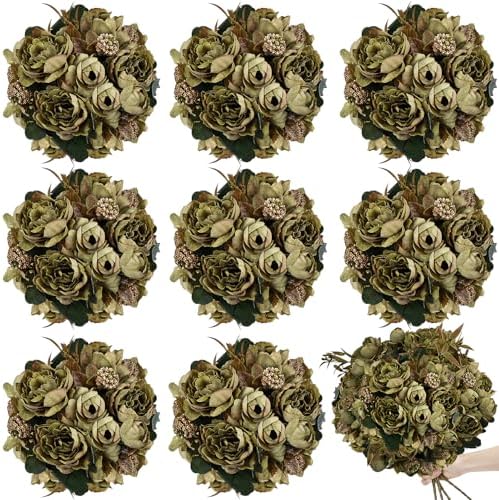 8 Bouquets of Artificial Peonies - Vintage Green by TOBILU