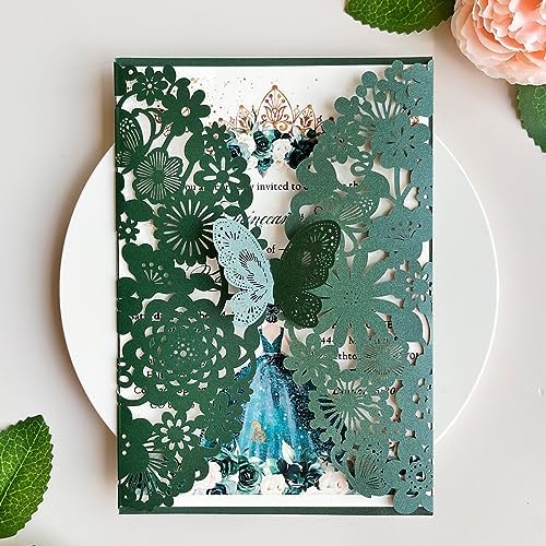 Hosmsua 5.12''x7.3'' 50PCS Emerald Green Quinceanera Invitation Kit Laser Cut Flora Butterfly Invitation Cards Pocket with Envelopes for Quinceanera Bridal Shower Wedding invite (Emerald Green) by Hosmsua