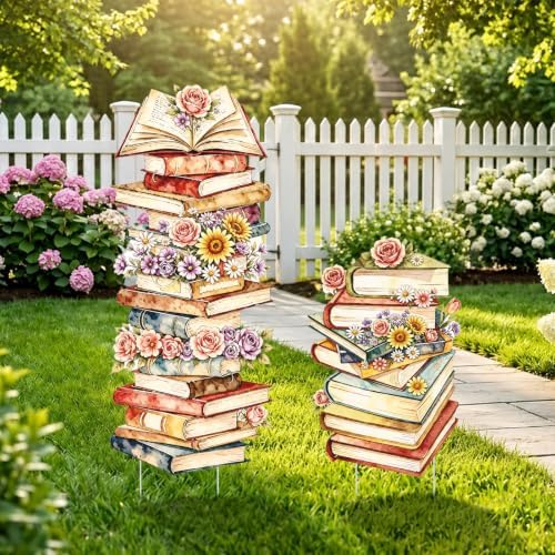 2Pcs Book Floral Cardboard Cutouts, A New Chapter Begins Baby Shower Birthday Party Decorations, Book Themed Photo Props Yard Signs with Stakes & Stands for Library Book Club Indoor Outdoor Use - Image 2