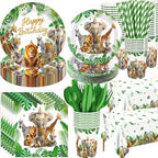 Ceenna 452 Pcs Safari Birthday Party Decorations for 50 Guests, Jungle Animals Paper Plates Napkins Cups Tablecloth Cutlery Straw Wild Animals Tableware for Zoo Theme Birthday Party Supplies by Ceenna