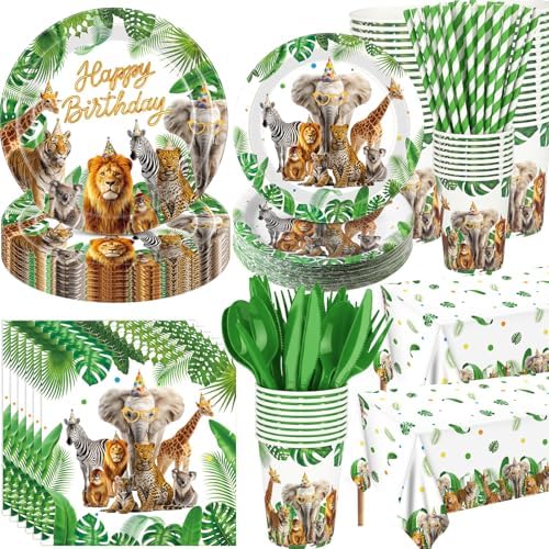 Ceenna 452 Pcs Safari Birthday Party Decorations for 50 Guests, Jungle Animals Paper Plates Napkins Cups Tablecloth Cutlery Straw Wild Animals Tableware for Zoo Theme Birthday Party Supplies by Ceenna