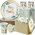 Skylety 200 PCS Sage Green Baby Shower Decorations Eucalyptus Disposable Plates and Cups and Napkins Sets Serves 50 Green Gold Plant Theme Plates for Baby Shower Gender Reveal Neutral Party Supplies by Skylety