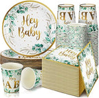 Skylety 200 PCS Sage Green Baby Shower Decorations Eucalyptus Disposable Plates and Cups and Napkins Sets Serves 50 Green Gold Plant Theme Plates for Baby Shower Gender Reveal Neutral Party Supplies by Skylety