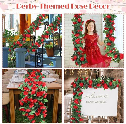 Aneco 8 Pack 64 FT Red Flower Garland Kentucky Artificial Rose Vines Derby Roses Fake Vine Flowers Plants Party Supplies for Kentucky Holiday Wedding Garden Craft Art Decoration - Image 6