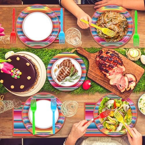 250 Pcs Mexican Fiesta Plates and Napkins, 50 Guests Disposable Mexico Serap Dinnerware Colorful Stripe Tableware Set for Cinco de Mayo Mexican Pinata Ponchos Party Supplies - Image 5