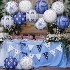 12 Pcs Chinoiserie Party Decorations Set 10" Blue and White Porcelain Paper Lanterns Triangle Flag Bunting Banner Chinese Japanese Hanging Decorations for Wedding Birthday Party Baby Shower Home Decor - Image 6