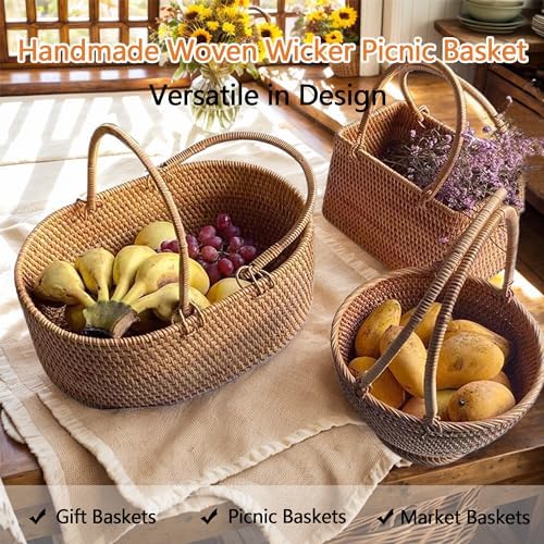 Wicker Picnic Basket with Double Folding Handles: Handmade Woven Picnic Basket, Garden Basket Harvest Basket, Natural Small Wicker Basket with Handle for Storage, Camping, Home Decor (Oval Basket) - Image 5