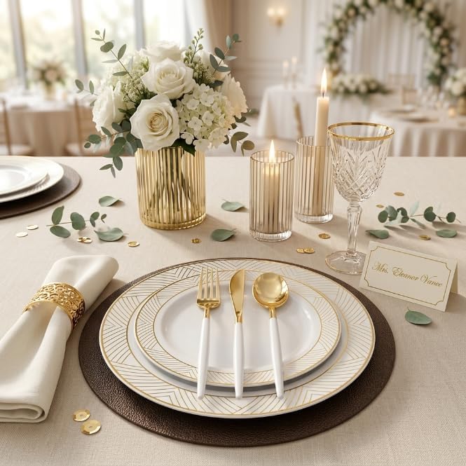 I00000 300 Pcs Gold Plastic Silverware Set, Gold Utensils with White Handle - Image 5