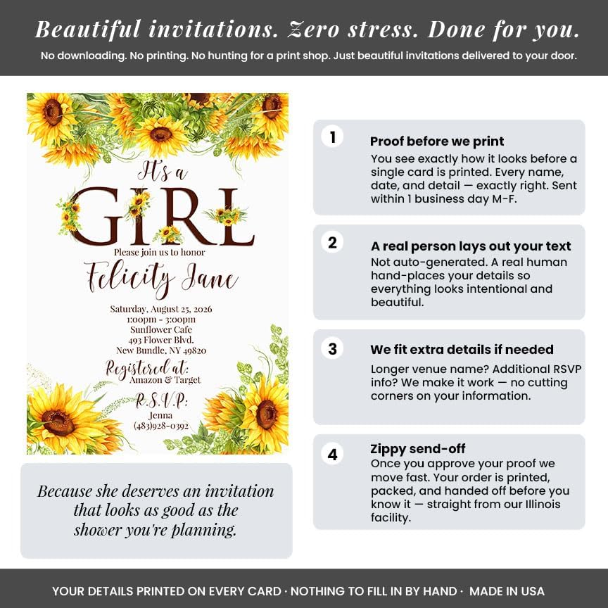 Amanda Creation Sunflower Baby Shower Invitations for Girl, It's a Girl Floral Design, Personalized Baby Shower Invitations, 30 Personalized 5x7 Double-Sided Cards with White Envelopes, Made in USA - Image 3