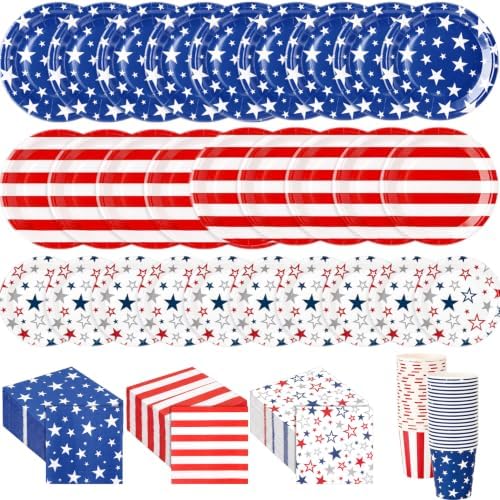 Ziliny 240 Pcs 4th of July American Flag Patriotic 7 9 Inch Paper Plates Napkins Cups Disposable Tableware Sets for Independence Memorial Veterans Day Decorations Party Supplies, Serve 60 by Ziliny