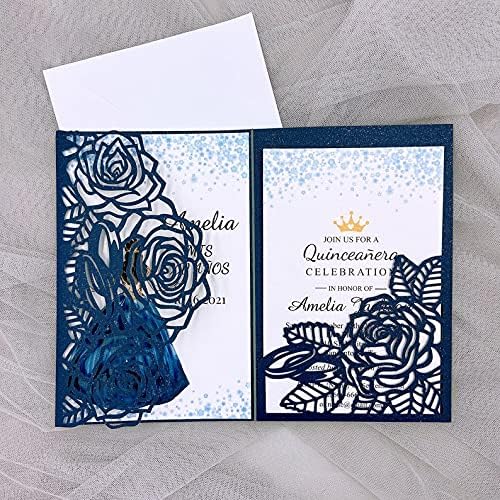 50sets Navy Laser Cut Wedding Invitations Card Rose Greeting Cards Envelopes Invitation for Wedding Birthday Baby Graduation Party Supplies (Only invitation cards, Navy) - Image 7