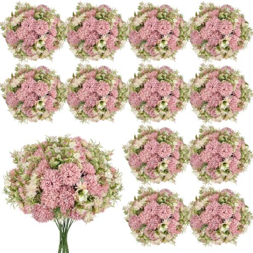 Dusty Pink Artificial Flowers 12 Bundles Silk Floral with Stems by TOBILU