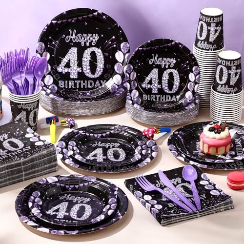 Pickmesh 400 Pcs 40th Birthday Party Supplies Purple Black Plates Serve 50 - Image 6