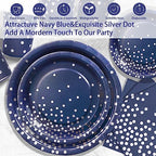 Gudvilla350 PCS Navy Blue Plates and Napkins Party Supplies,Navy Blue Paper Plates with Plastic Silverware Serve 50 Guests,Blue and Silver Birthday Plates Disposable for Wedding Retirement Decorations - Image 3