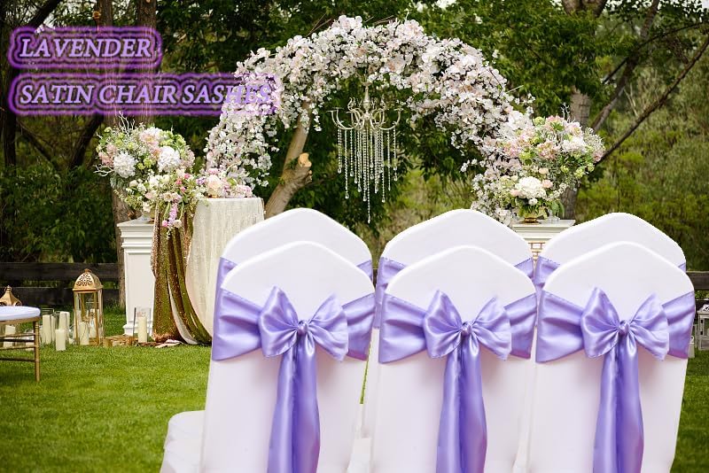 50 Pack Satin Lavender Chair Sashes for Wedding Birthday Graduation Baby Shower Party Hotel Meeting Decorations, Lavender Chair Bows for Banquet Chairs Folding Chairs Decor - Image 4
