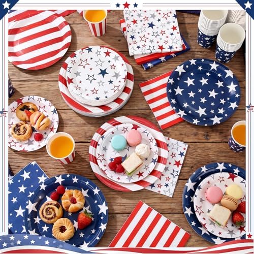 Ziliny 240 Pcs 4th of July American Flag Patriotic 7 9 Inch Paper Plates Napkins Cups Disposable Tableware Sets for Independence Memorial Veterans Day Decorations Party Supplies, Serve 60 - Image 3