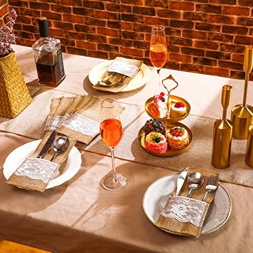 Windyun 100 Pcs Burlap Utensil Pouches Silverware Holders with Lace - Image 4