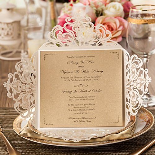 Hosmsua 50PCS Personalized Ivory Wedding invitation with Envelopes, 6.3x6.3 Laser Cut Hollow Lace Rose Invitation for Wedding Engagement Birthday Invite (Customized Printed) - Image 2