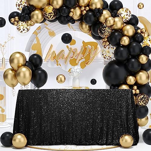 SquarePie Sequin Tablecloth 90x132 Inch Black for Halloween Wedding Party by SquarePie