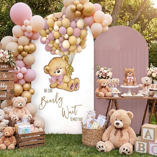 Tegeme 2 Pcs We Can Bearly Wait Backdrop Arch Covers Pink Teddy Bear Arch Covers Baby Shower Decorations 7.2 × 3.9 ft & 6.6 × 3.3 ft Stretchy Arched Wall Background for Baby Shower Party Decor Props - Image 6