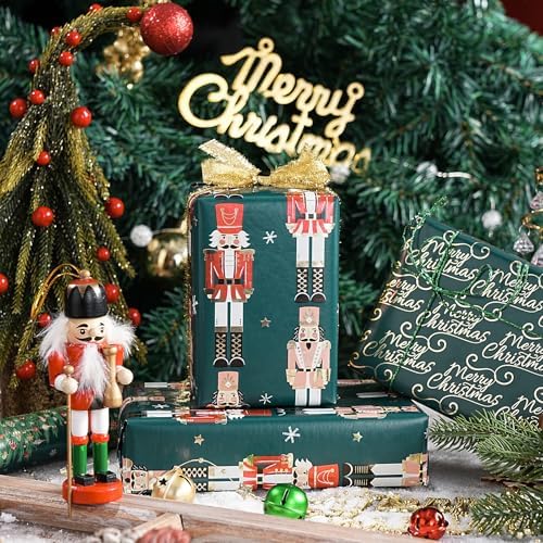 WRAPAHOLIC 30 Inch Nutcracker Christmas Wrapping Paper Roll - Jumbo Roll Green Christmas Tree, Snowflakes and Nutcracker with Metallic Foil Shine Design - 4 Rolls - 30 Inch x 120 Inch Per Roll - Image 5
