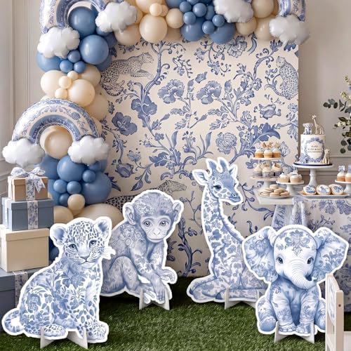 Honoson 4 Pcs 24.6" x 29.3" Large Blue Safari Toile De Jouy Baby Shower Decoration Cardboard Cutouts, Blue Floral Jungle Animal Yard Signs Standee for Wild One Birthday Party Supplies Gender Reveal - Image 5