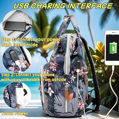 Diaper Bag Backpack for Dad and Mom with USB Charging Port Stroller Straps and Insulated Pocket,army military Travel Nappy Backpack for Daddy/Mommy (Flower Pattern) - Image 4