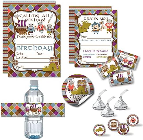 Amanda Creation Deluxe Viking Birthday Party Bundle Includes 20 Each of Invitations & Thank You Cards with Envelopes + 2 Sizes of Stickers, Mini Candy Bar Wrappers & Water Bottle Labels! by AmandaCreation