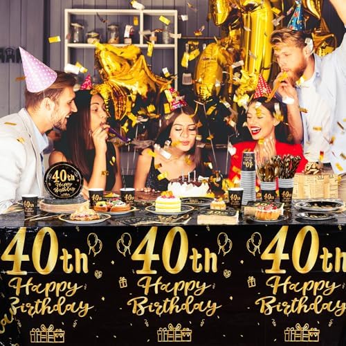 Funnymoom 452 Pcs 40th Birthday Party Decorations Set for Men Women, Black and Gold Happy 40th Birthday Paper Plates Napkins Cups Tablecloth Cutlery Straws for Cheers to 40 Years Anniversary Party - Image 4