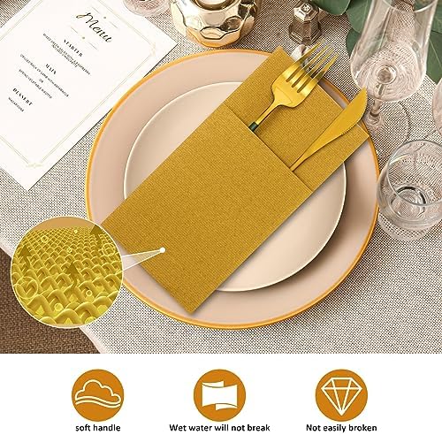 Cindeer 75 Pcs Gold Linen Dinner Napkins with Built in Flatware - Image 6